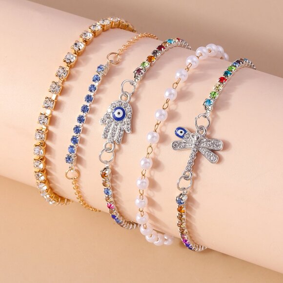 3/$35 5-Piece Charm Bracelet Set Set Evil Eye Dragonfly Pearl Rhinestone Chains - Picture 4 of 8